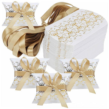 Boîtes cadeaux 9 cm 50 pièces Estampage or et argent Papier Avec ruban Crée une ambiance festive Idéal pour les fêtes Boite dragee